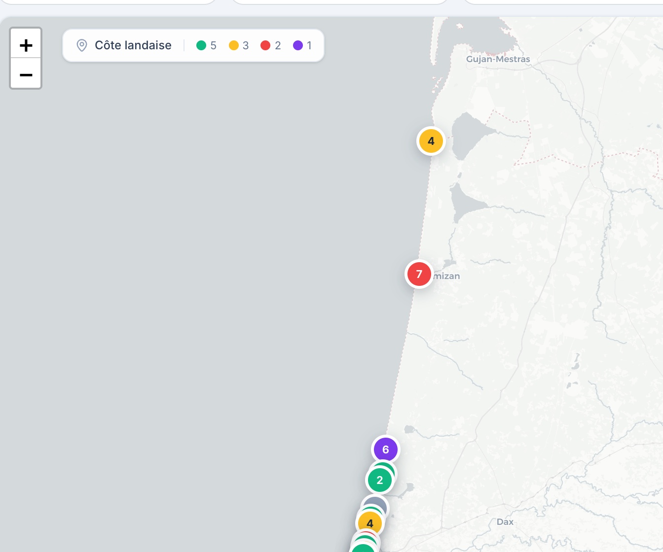 Carte temps réel du dashboard E-Rescue — postes de la côte